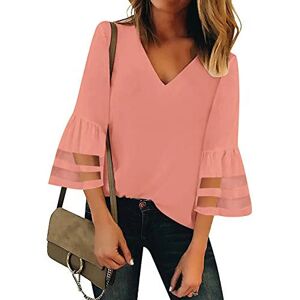 Roskiky Women's 3/4 Bell Sleeve V Neck Blouse Mesh Panel Loose Casual Tops Shirt Pink Size X-Large - Brand New