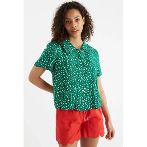 Louche Padma Spot It Print Ruffle Collar Short Sleeve Blouse Green red 8 Female