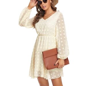 ArmadaDeals Womens Dot V-Neck Long Sleeve Chiffon Casual Dress, White / XL