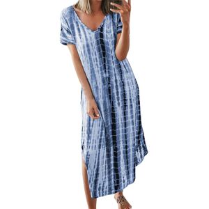 ArmadaDeals Plus Size Summer Women's V-Neck Tie Dyeing Print Split Maxi Dress, Blue / XL