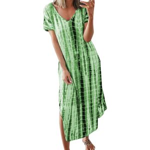 ArmadaDeals Plus Size Summer Women's V-Neck Tie Dyeing Print Split Maxi Dress, Green / XXXL