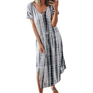 ArmadaDeals Plus Size Summer Women's V-Neck Tie Dyeing Print Split Maxi Dress, Grey / XL