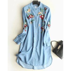 ArmadaDeals Women Long Sleeve Embroidery Floral Button Casual Denim Dress, Light Blue / L