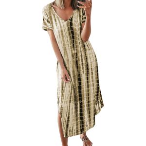 ArmadaDeals Plus Size Summer Women's V-Neck Tie Dyeing Print Split Maxi Dress, Yellow / XL