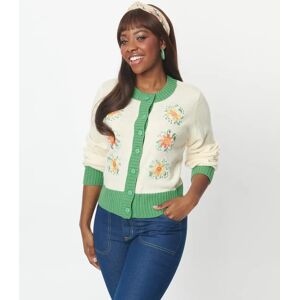 Unique Vintage Smiley® x Ivory & Green Flower Embroidered Cardigan Colour: Cream Size: 2X/3X