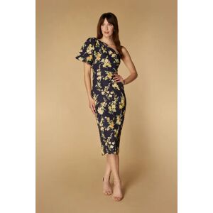 Jarlo Wisteria One Shoulder Exaggerated Puff Sleeve Midi Dress, UK 12 / US 8 / EU 40 / Floral Print