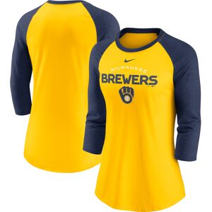 Women's Nike Gold/Navy Milwaukee Brewers Modern Baseball Arch Tri-Blend Raglan Three-Quarter Sleeve T-Shirt - Female - Gold