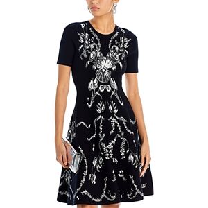 Jason Wu Collection Jacquard Short Sleeve Flare Hem Dress  - Black/Chalk - Size: Extra Smallfemale