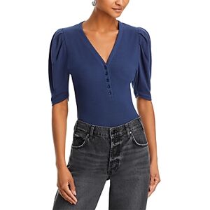 Frame Rib Knit Ruched Sleeve Henley Tee  - Navy - Size: Smallfemale