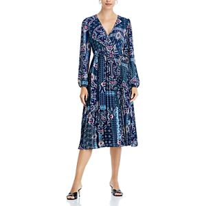 T Tahari Faux Wrap Blouson Sleeve Dress  - Indigo Tile Print - Size: Extra Smallfemale