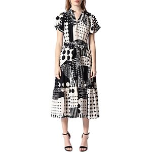 Gracia Belted Tiered Midi Shirt Dress  - Black/ White - Size: Largefemale