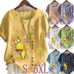 laibingo Women's Linen Shirt Round Neck Short Sleeve Cartoon Cats Printed T-shirt Summer Ladies Casual Plus Size Blouse Tops