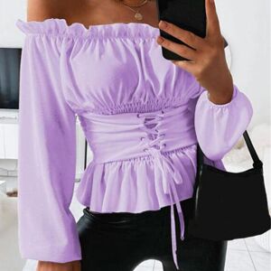 KOKKO Women Fall Shirt Shoulderless Shirring Ruffle Backless Tight Waist Lace Up Long Lantern Sleeves Solid Color Collarless Lady Spring Top