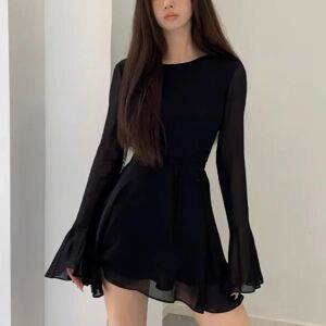 YUMI wardrobe Backless Black Dress Women Elegant Back Hollow Out Lace-up Long Sleeve Mesh Patchwork Sexy Slim Ruffle Mini Dress Party