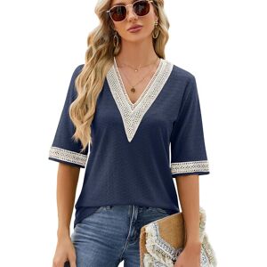 DignBio Summer Women's T-shirt V-neck Gold Lace Patchwork Five-quarter Sleeve loose Top