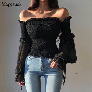 SURE XIAO STORY Spring Summer Pleated Solid Blouse Women Ladies Tops Puff Sleeve Off Shoulder Sexy Corset Top Blouses Lace Up Casual Shirt 12813