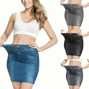 Loving Stranger Women's Fashion Printed Seamless Half Skirt Faux Denim Skirt Short Slim High Waist Elastic Skirt