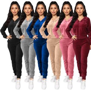 GuXian Ladies Fashion Velvet Hooded Zipper Sweater Elastic Waist Trousers Two-piece Suit