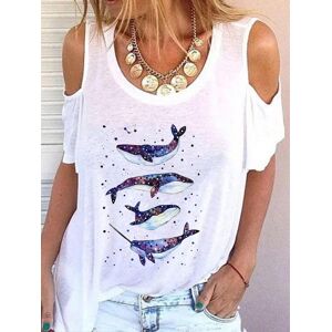 SK888 Women Summer New Fashion Casual Whale Printed Loose Off Shoulder T-shirts Round Neck Plus Size Short Sleeve Blouse Tops XS-5XL