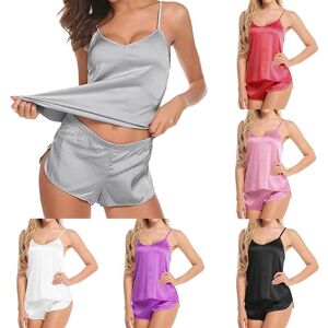 7Beakaq Fashion Women's Satin Nightwear Suit Summer V-Neck Top+Shorts 2Pcs Set Sleepwear Solid Color Pajamas Set