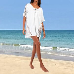 WomanWardrobe Women Beach Cover Up V-neck Half Sleeve Beach Cover Up Solid Color Hollow Out Lace-up Swim Sun Protection Bikini Cover Up