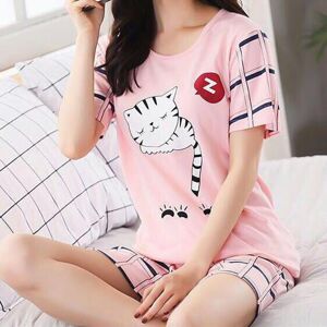 Exquisite woman Pajamas Set Short Sleeve Loose Top Women Cats Print T-shirt Shorts Sleepwear for Summer