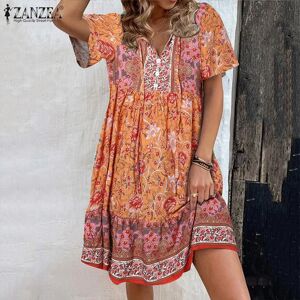 ZANZEA Women Print Casual V-neck Short Sleeve Beach Summer Dress
