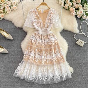 RUGOD French Round Neck Puff Short-sleeved Mesh Embroidery Waist Thin A-line Dress Elegant Large Swing Long Dress Summer