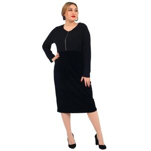 Fierte Women's Plus Size Dress LM44291 Round Neck Zipper Detail Long Sleeve Sport Velvet Color Combined Knee Length Black