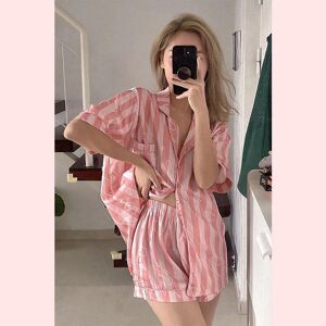 xuanjia fashion Summer Pink Stripes Women Pajamas Set Soft Button Rayon Pyjamas Sleepwear Nightwear Short Sleeve Shirt&Pant Silk Stain HomeWear