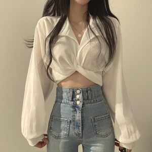 fantastic wardrobe Vintage Streetwear Harajuku Sexy Women Blouse Crop Top Korean Style Trends White Long Sleeve Shirt Female Tunic Chic