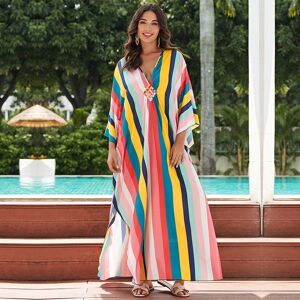EDOLYNSA Swimsuit Cover-up Plus Size Kaftan Bohemian Printed V Neck Batwing Sleeve Maxi Dress Women Beachwear