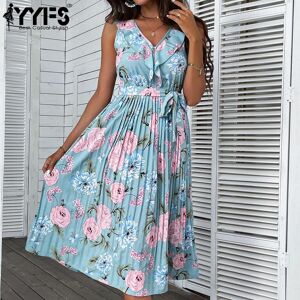 YYFS Women's Vintage Bohemia Summer Spring Floral Print Sleeveless V-Neck High Waist Casual Dresses