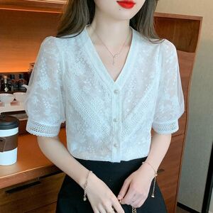 surwenyue Summer V-neck Elegant Lace Blouse Women 2023 Korean White Chiffon Shirt Woman Puff Short Sleeve Tops Casual Shirts Clothes 25407