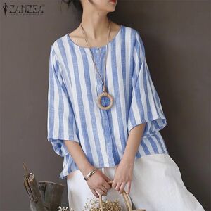 ZANZEA Women Summer Casual 3/4 Sleeve O-neck Loose Stripe Blouse