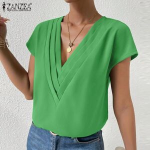 ZANZEA Women's Summer Casual V-Neck Short Sleeve Pleated Solid Color Loose Blouse