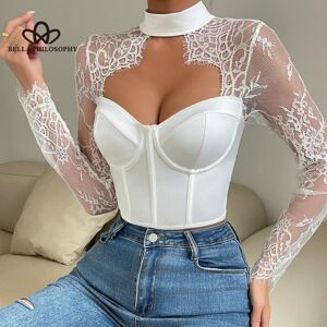 Bella Philosophy Spring Summer New Sexy Fashion Hot Girl Low Cut Top Elegant Slim Lace Hollow Long Sleeve Women's Top