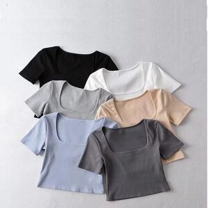 HaoFen Clothing Women Square Neck Rib Crop T-shirt Short Sleeve Crop Top