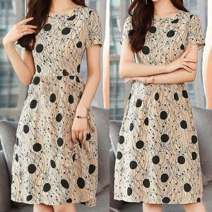 molihua Women Fashion Summer Lady Elegant  Short Sleeve Wave Point Elastic Dress