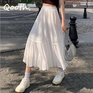 Qooth Women Temperament Hollow Embroidery A-line Skirt Elegant Elastic Waist Mid-length Pleated Skirt For Spring Summer QT2308