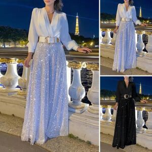 Exquisite woman Ladies Prom Jumpsuit Shiny Sequin Wide Leg Long Sleeve Low-cut V Neck Loose Lantern Sleeve Pleated Deep Crotch Temperament Party Jumpsuit Culottes