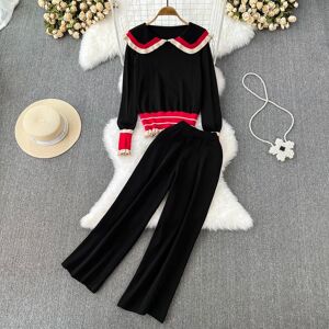 RUGOD Doll Collar Age-reducing Loose Contrast Color Knitted Top High Waist Thin Wide Leg Pants Two-piece Set