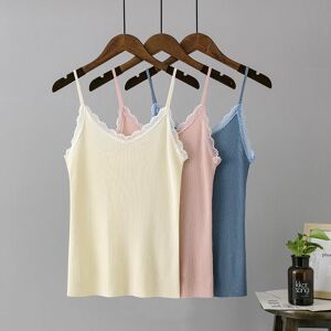 Hii Bloom Women Sexy Lace Stitching Slim Knitted Tank Top V Neck Ice Silk Camisole Summer Solid Color Black White Apricot Pink Blue Yellow One Size