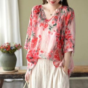 HerSight Summer Shirt Vintage Floral Print Tops Women V Neck Leisure Chic Loose Blouses Cotton Linen Thin Half Sleeve Shirts Lady