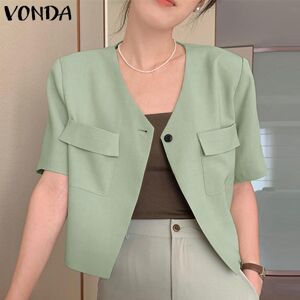 VONDA Women's Summer V-Neck Short Sleeve Pocket Button Solid Colour Suit Jacket