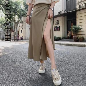 HI-FASHION Summer Elegant Stain Women A-Line Long Skirts Side Split High Waist Fashionable Umbrella Beach Female Skirts