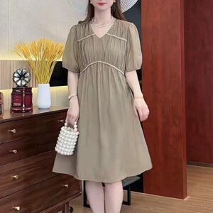 Basaka V-Neck Puff Short Sleeve Pleated Waist Tight Women Dress Summer Solid Color Casual A-line Midi Dress Streetwear