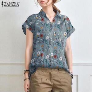 ZANZEA Print Blouse Women Summer Casual V-neck Short Sleeve Top Shirts