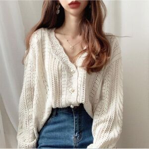 MUYUAN 2023 New Korean Punching Coat Hook Flower Sweater V-neck Knit Cardigan Woman