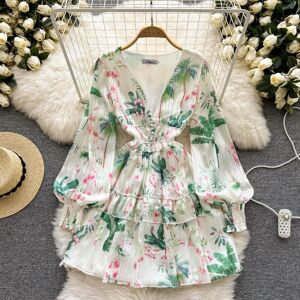 RUGOD 2022 Spring and Summer New V-neck Dress Printing Large Puff Sleeves Ruffles Loose and Slim Dress